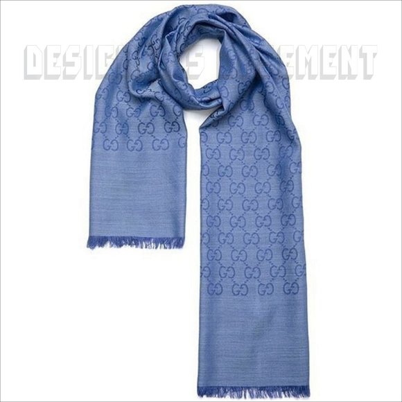 GUCCI light Blue & Periwinkle GGNAT wool & silk 18"x70" shawl Pashmina scarf NWT - Picture 8 of 10